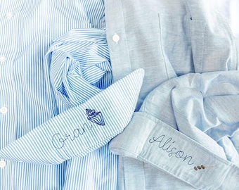 Favorite Things Button Up Shirt With Personalized Cuff Detail, Shirts for Bridal Party, Mini Monogram Coastal Oxford