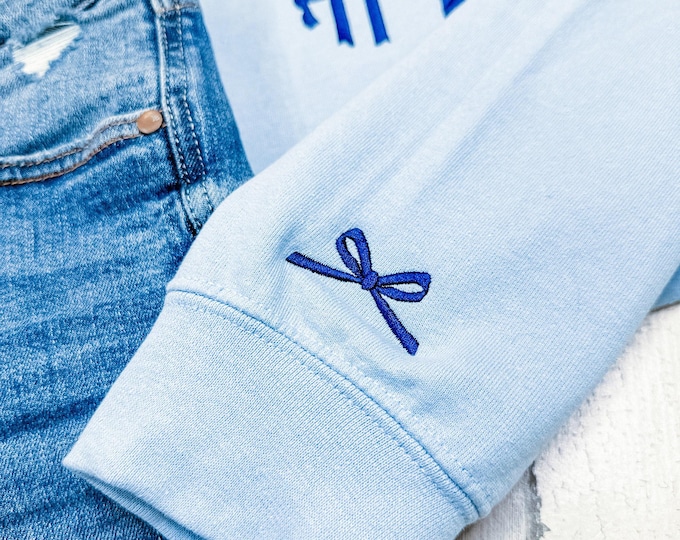 Bow Monogram Embroidered Sweatshirt, Dainty Bow Detail Gift Custom Initials Crewneck Shirt, Balletcore, Bridal Party, Bride Gift