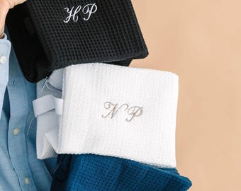 Embroidered Waffle Weave Makeup Bag, Personalized Spa Pouch