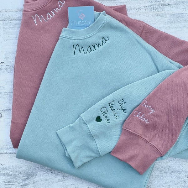 Embroidered Name Sweatshirt Personalized for Grandma, Nana, Aunt, Embroidered Neckline Sweatshirt with Embroidered Cuff, Holiday Gift