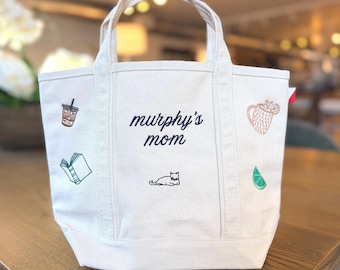 Mini Icon Favorite Things Canvas Tote, Custom Bag, Bridal Party Gift, Canvas Small Boat Bag,  Embroidered Bag for Bachelorette Party