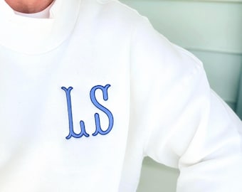 Mock Neck Sweatshirt with Embroidered Monogram, Fishtail Custom Two Tone Initials, Funnel Neck Sweatshirt