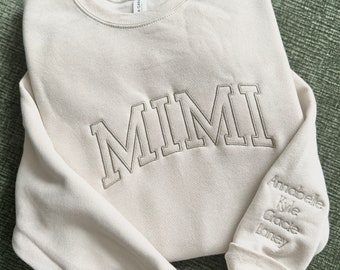 University Style Embroidered Sweatshirt for Mom, Personalized Crewneck for Mama, Grandma Oversized Shirt, Crewneck With Names On Sleeve