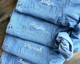 Embroidered Button Down For Bridal Party, Minimalist Name Wedding Day Button Up Shirt, Monogram Oxford, Coastal Monogram Chambray
