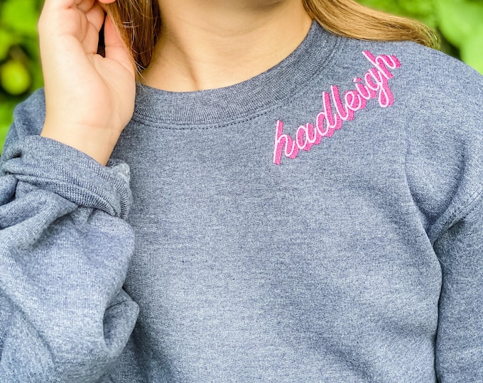 Custom Embroidered Sweatshirt With Shadow Stitch, Personalized Neckline Message Crewneck Shirt, Bridal, Best Friend, Bridesmaid, Girls Trip