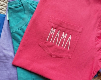 Mama Shirt, Preppy Mama Pocket Tee, Embroidered Comfort Color T-Shirt, Mothers Day Gift, Preppy Mama Shirt, Mama Embroidered Shirt
