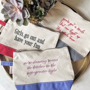 Personalized Makeup Pouch, Ironic Boat Tote Bag Accessory, Song Lyrics Canvas Pouch, Custom Cosmetic Bag, Embroidered Gift For Brides