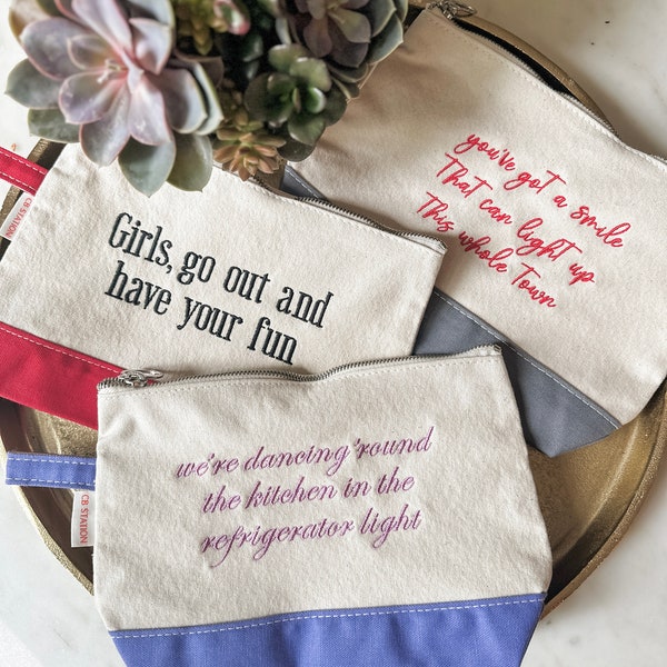 Personalized Makeup Pouch, Ironic Boat Tote Bag Accessory, Song Lyrics Canvas Pouch, Custom Cosmetic Bag, Embroidered Gift For Brides