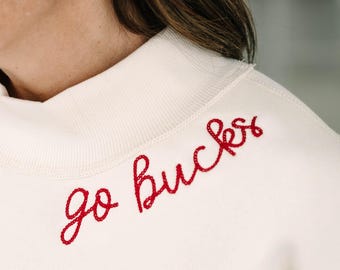 Mock Neck Sweatshirt with Custom Neckline Embroidery