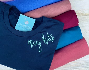 Custom TShirt, Choose Your Font | Personalized Embroidered Tee, Monogram Collar | Bella Canvas Tee | Bridal Party Shirts| Bridesmaids Shirts