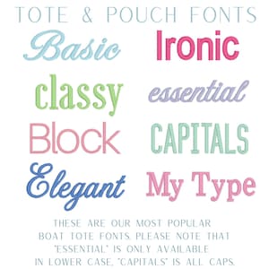 a collection of various tote and pouch font styles, including Basic, Ironic, Classic, Block, Elegant, and capitals. These are the most popular boat tote fonts, and the image includes a note that "essential" is only available in lowercase letters.