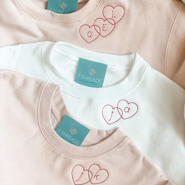 Custom Embroidered Initials Sweatshirt, Couples Hearts With Initials, Personalized for Bride, Gift For Bridal Shower, Valentines Sweethearts