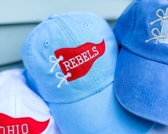 Custom Pennant Dad Hat | Personalized Vintage Collegiate Cap | Embroidered State College Mascot Hat | Unstructured Leather Strap Hat