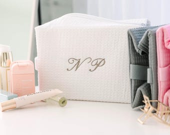 Embroidered Waffle Weave Makeup Bag, Personalized Spa Pouch