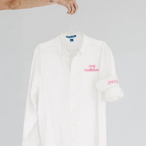 Embroidered Button Down For Bridal Party, Minimalist Embroidered Wedding Day Button Up Shirt, Monogram Oxford, Coastal Monogram Chambray