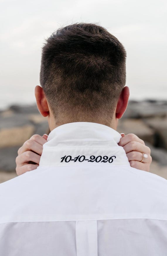 dress shirts for wedding party Button Up Shirt With Wedding Date, Popped Collar Customized Shirts for Bridal Party, Minimalist Wedding Day Button Down, Mini Monogram