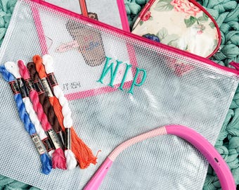 Embroidered Clear Vinyl Craft Pouch, Needlepoint Project Bag, WIP Zipper Bag, Clear Project Organizer, Monogram Travel Craft Pouch