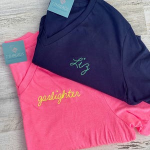 Embroidered Chain Stitch V-Neck Shirt, Choose Your Personalized Letters Tee Shirt, Cute Vintage Embroidery, Bridesmaid, Bridal Shower Gift