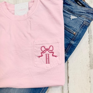 Bow Pocket Tee, Monogram Bow Comfort Colors Short Sleeved T-Shirt, Darling & Sweet Detail, Romantic Casual Style Embroidered Pocket Tee