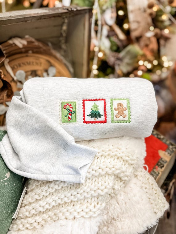 Holiday Stamps Sweatshirt, Christmas Vintage Style Embroidered Christmas Crewneck, Gingerbread Sweatshirt, Holiday Family Fun Pullover