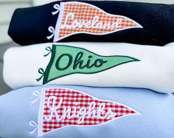 Custom School Pennant Applique Crewneck Sweatshirt, Personalized College Team Name Sweatshirt, Custom Fabric Pennant Shirt, Hometown Gift