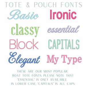a collection of various tote and pouch font styles, including Basic, Ironic, Classic, Block, Elegant, and capitals. These are the most popular boat tote fonts, and the image includes a note that "essential" is only available in lowercase letters.