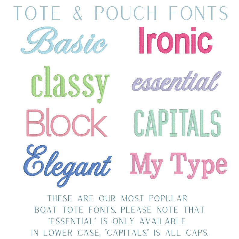 a collection of various tote and pouch font styles, including Basic, Ironic, Classic, Block, Elegant, and capitals. These are the most popular boat tote fonts, and the image includes a note that "essential" is only available in lowercase letters.