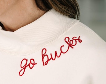 Mock Neck Sweatshirt with Custom Neckline Embroidery