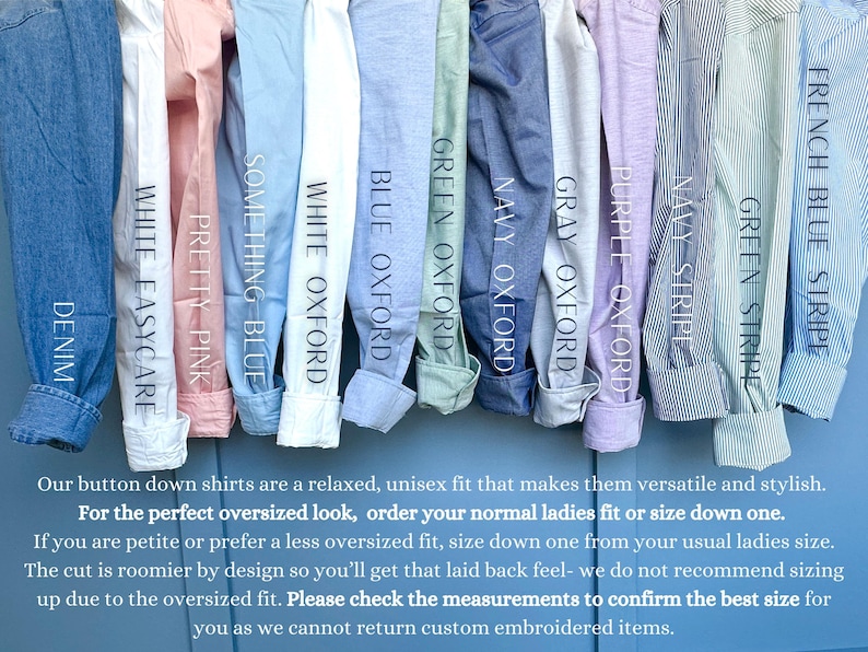 A collection of various button-down shirts in different colors and styles, including denim, white, blue, green, navy, and striped, hanging side by side.