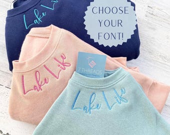Custom Embroidered Sweatshirt, Choose Your Font, Personalized Neckline Crewneck, Holiday Gift, Bridal, Bridesmaid Custom Embroidery