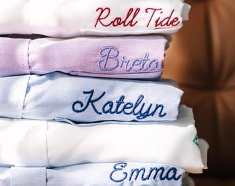 Embroidered Button Down For Bridal Party, Minimalist Name Wedding Day Button Up Shirt, Monogram Oxford, Coastal Monogram Chambray