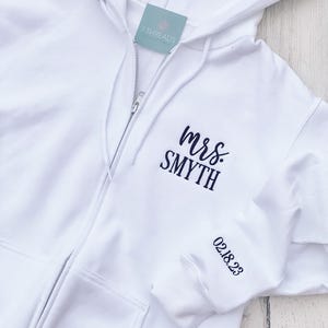 Mrs. Custom Zip Up Hoodie, Wedding Day Zip Up Sweatshirt, Bride&#39;s Getting Ready Outfit, Monogrammed Zip Sweatshirt, Mrs. Established  Hoodie
