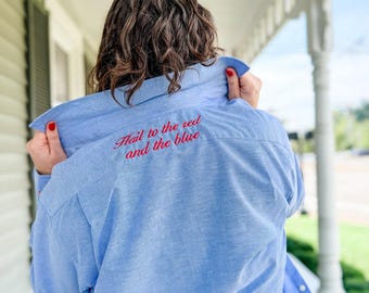 Embroidered Back Button Up Shirt With Wedding Date, Popped Collar, School Spirit Message, If Lost Please Return To Shirt, Bachelor Style