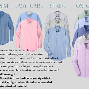 a collection of men's dress shirts in various colors and styles, including denim, easy care, stripe, and Oxford, arranged side by side.