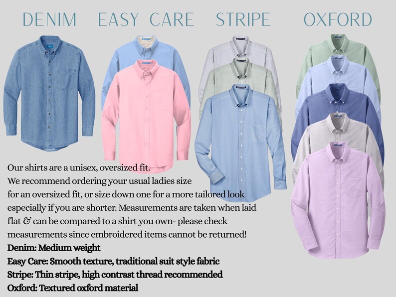 a collection of men's dress shirts in various colors and styles, including denim, easy care, stripe, and Oxford, arranged side by side.