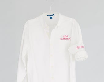 Embroidered Button Down For Bridal Party, Minimalist Embroidered Wedding Day Button Up Shirt, Monogram Oxford, Coastal Monogram Chambray