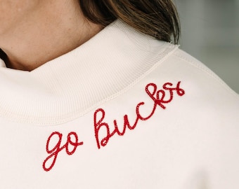 Mock Neck Sweatshirt with Custom Neckline Embroidery