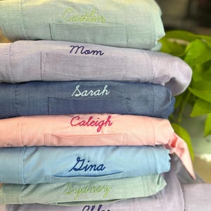 Embroidered Button Down For Bridal Party, Minimalist Embroidered Wedding Day Button Up Shirt, Monogram Oxford, Coastal Monogram Chambray