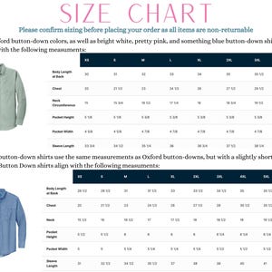 a size chart for Oxford button-down shirts, which includes measurements for different body lengths and corresponding shirt styles. The chart provides guidelines for ordering the shirts based on the measurements provided.