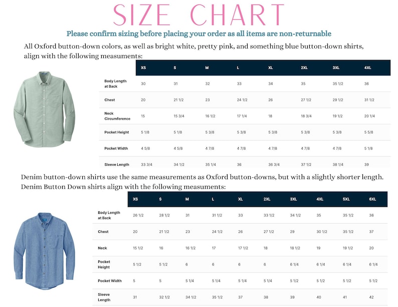 a size chart for Oxford button-down shirts, which includes measurements for different body lengths and corresponding shirt styles. The chart provides guidelines for ordering the shirts based on the measurements provided.
