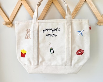 Mini Icon Favorite Things Canvas Tote, Custom Bag, Bridal Party Gift, Canvas Small Boat Bag,  Embroidered Bag for Bachelorette Party