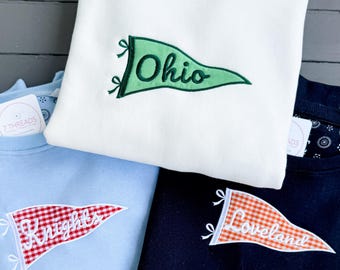 Custom School Pennant Applique Mockneck Sweatshirt, Personalized College Team Mock Neck Sweatshirt, Custom Fabric Pennant, Hometown Gift