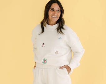Mini Icons Embroidered Mockneck Sweatshirt, Favorite Things Mock Neck