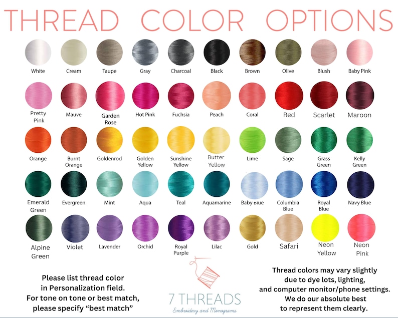 May include: A color chart displaying thread color options, including white, cream, and black, with shades of pink, orange, green, and blue. Text at the bottom reads "Please list thread color in Personalization field."