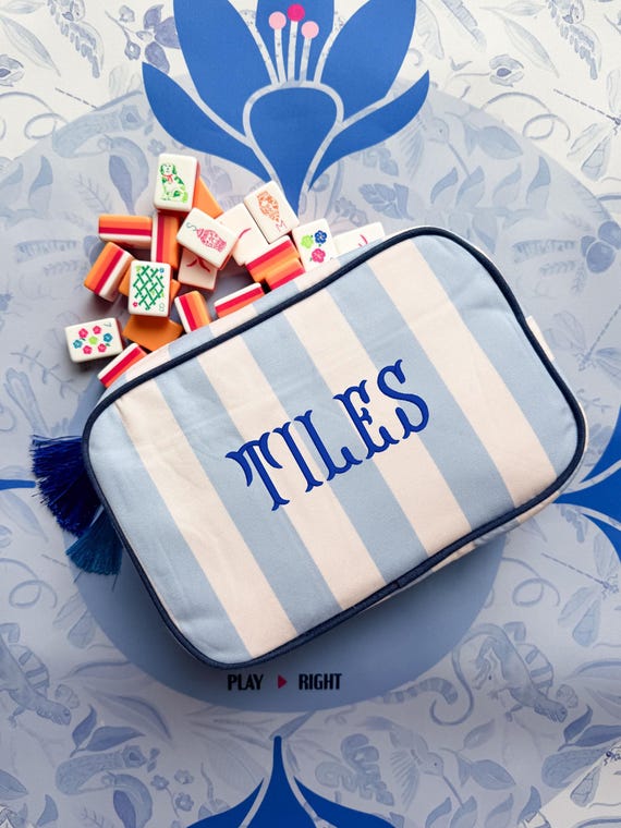 Mahjong Tile Pouch, Preppy Monogram Stripe Travel Case With Tassels, Preppy Travel Bag, Embroidered Pencil Case, Makeup Pouch