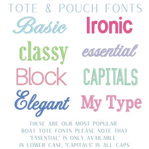 a collection of various tote and pouch font styles, including Basic, Ironic, Classic, Block, Elegant, and capitals. These are the most popular boat tote fonts, and the image includes a note that "essential" is only available in lowercase.
