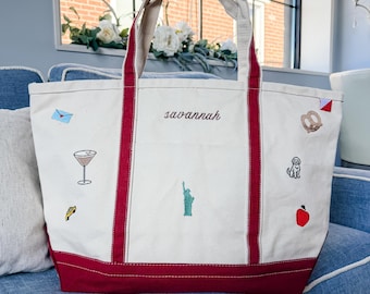 Large Icon Tote Bag With Zipper Top and Inside Pockets, Mini Embroidered Designs, Favorite Things Bag