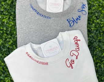 Moletom bordado com detalhe de gola costurada à mão, presente personalizado, gola redonda com ponto corrente, presente de Natal, bordado personalizado moderno
