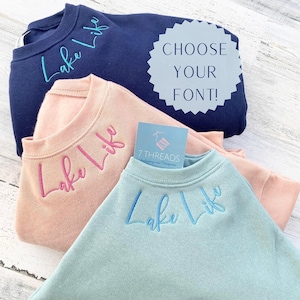 Custom Embroidered Sweatshirt, Choose Your Font, Personalized Neckline Crewneck, Holiday Gift, Bridal, Bridesmaid Custom Embroidery