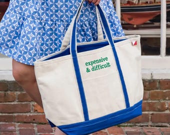 Large Tote Bag With Zipper Top, & Inside Pockets, Heavy Canvas Beach Bag, Embroidered Boat Bag With Monogram, Ironic Tote Bag, Longer Handle